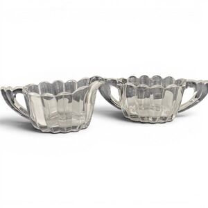 Heisey Lariat Clear Glass Creamer and Sugar Bowl Set Scalloped Diamond H Logo
